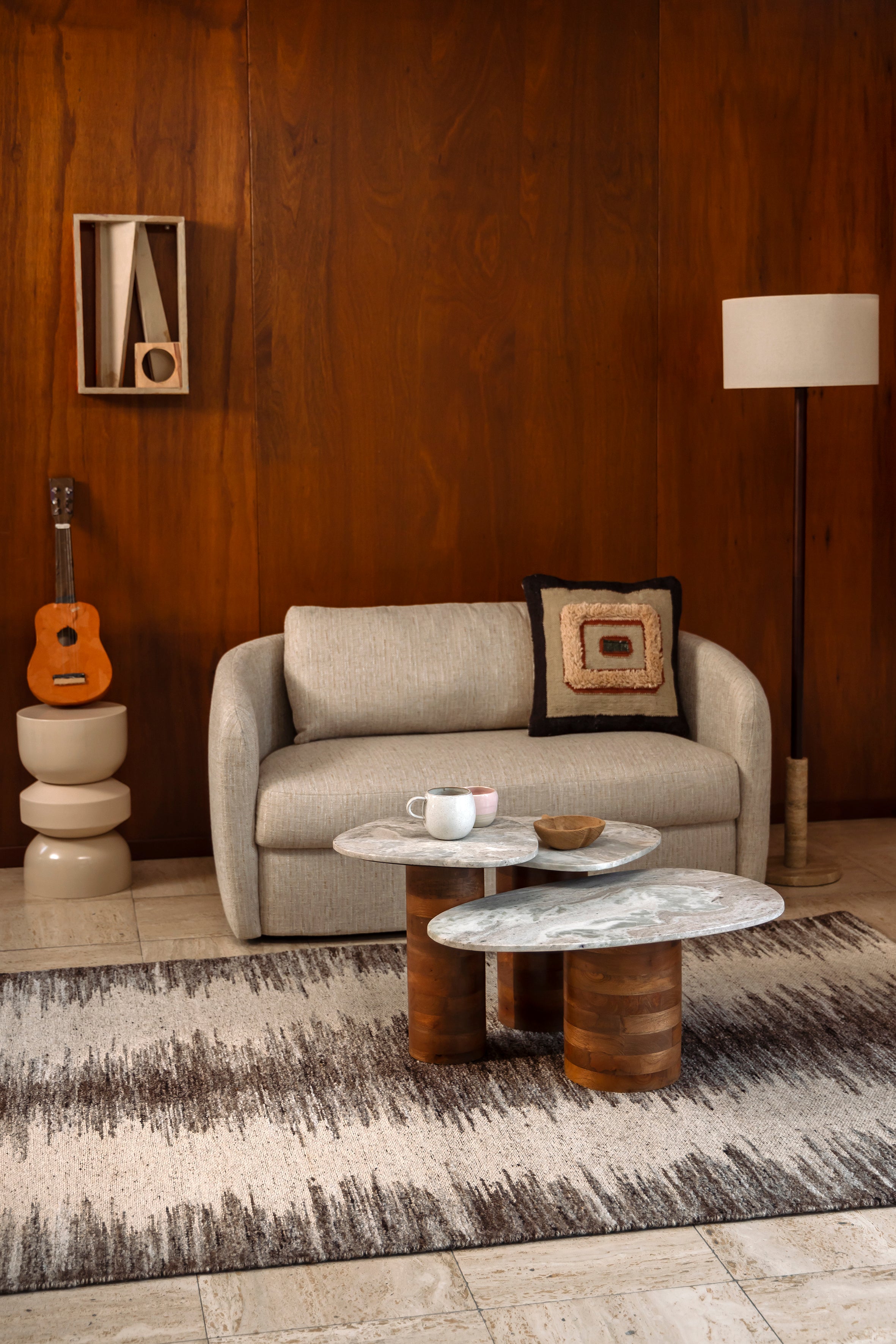 Dutchbone Set of 3 Suki Mango Wood & Grey Marble Side Tables Nest